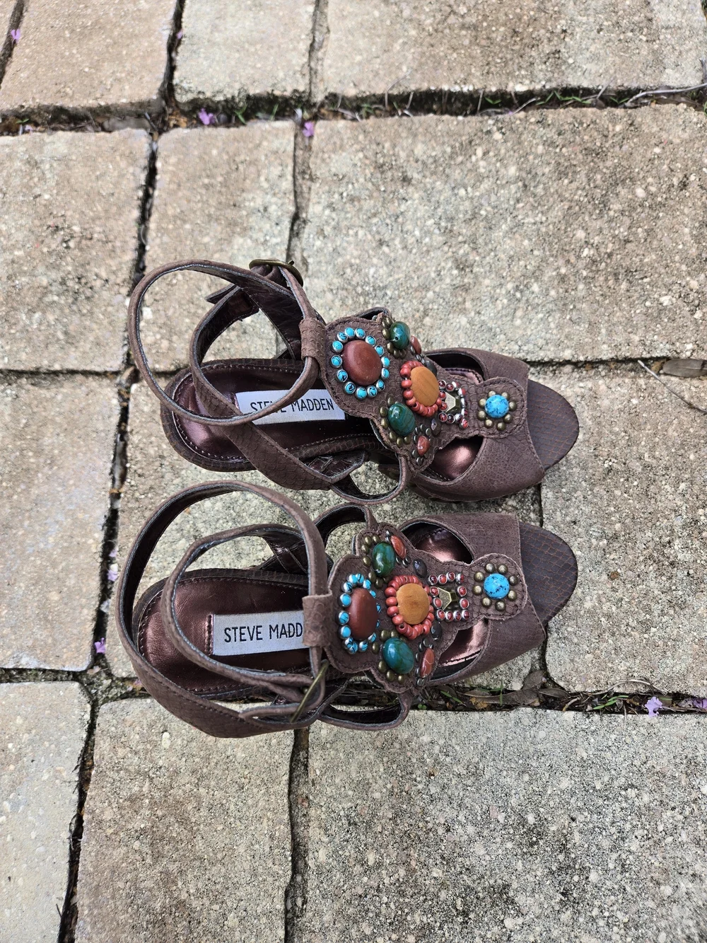 Steve Madden Brown Embellished Leather Platform Sandal Size 7 RARE Festival Shoe